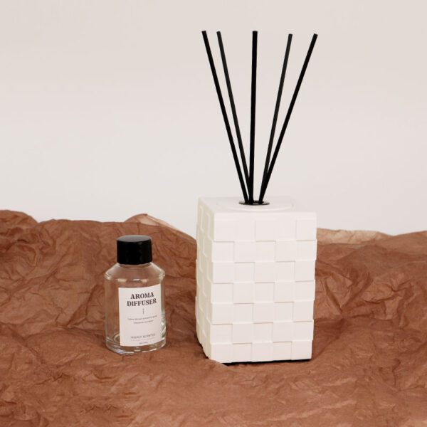 Textured plaster cube diffuser with reeds and aroma oil bottle