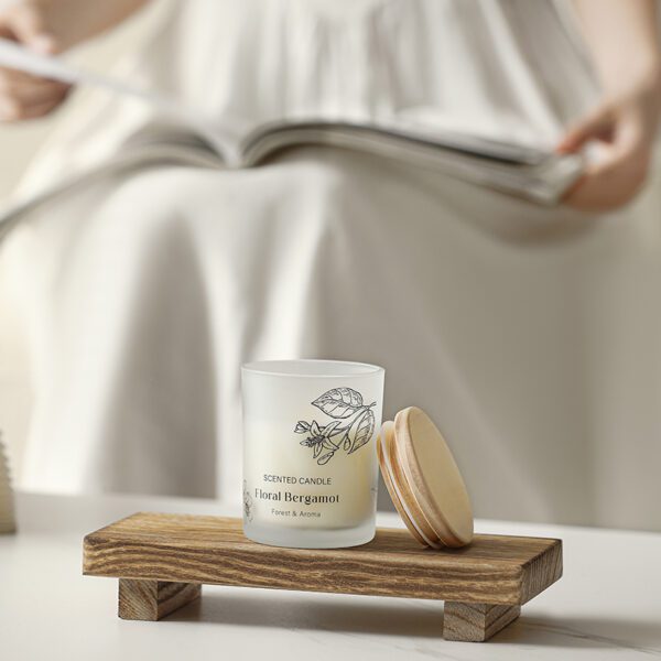 Frosted Glass Candle with Botanical Illustration and Wood Lid