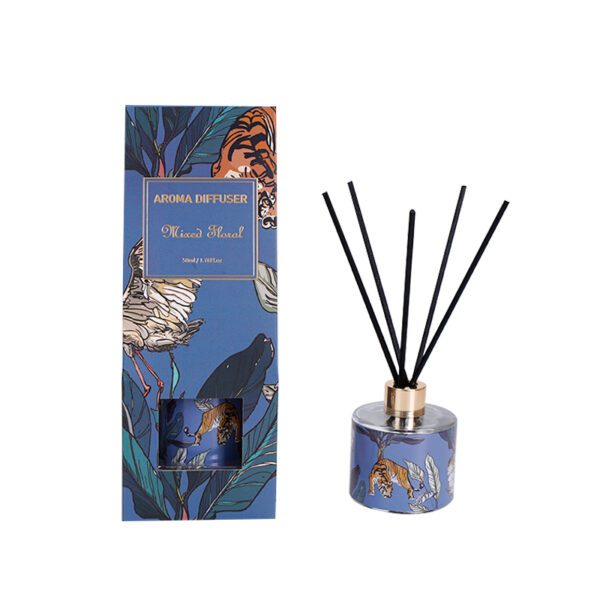 Mixed Floral Reed Diffuser Bottle with Tiger Illustration