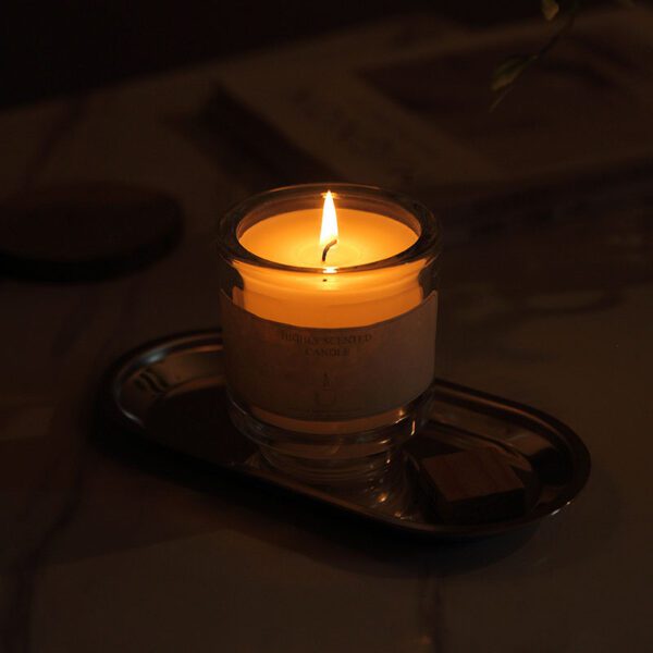 Simple Candle Burning on Tray in Cozy Room