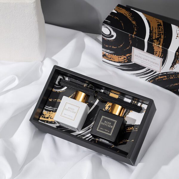 Black and white reed diffuser gift set in artistic packaging