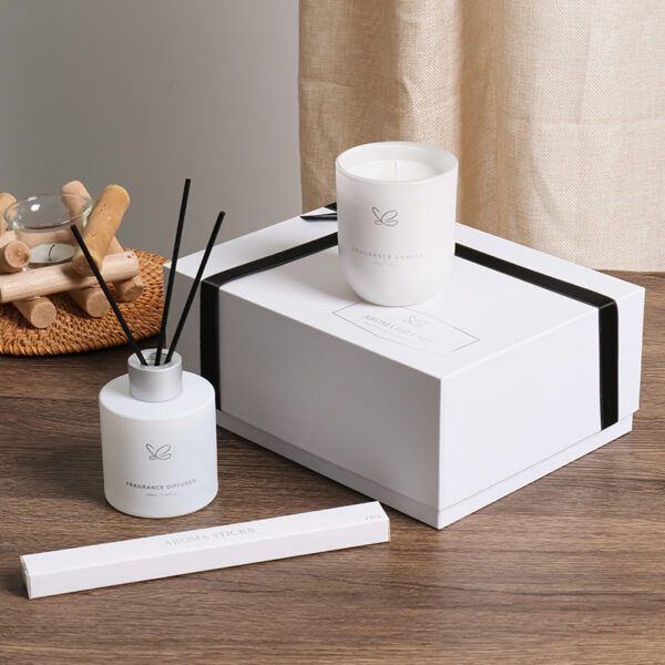 Modern home decor scene with white aroma gift set featuring diffuser and candle