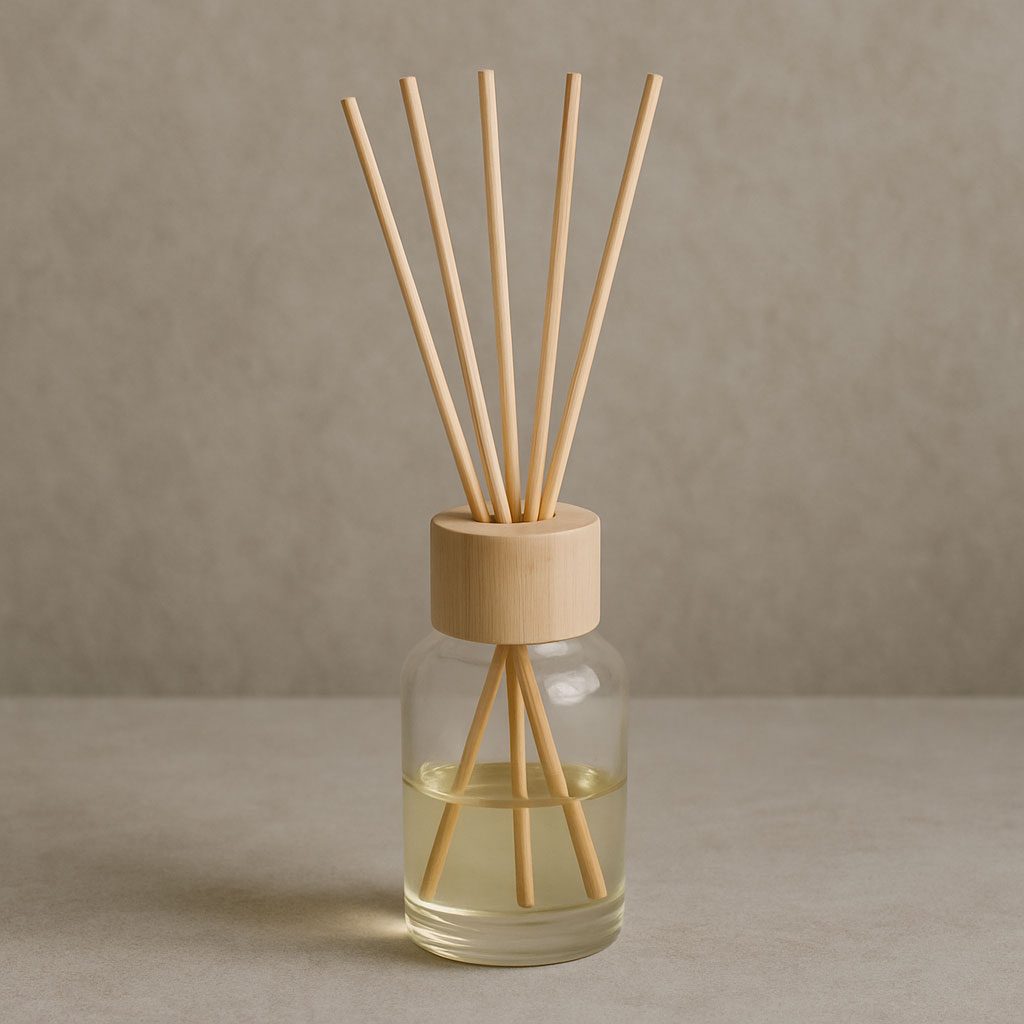 Reed diffuser on a shelf with fading scent
