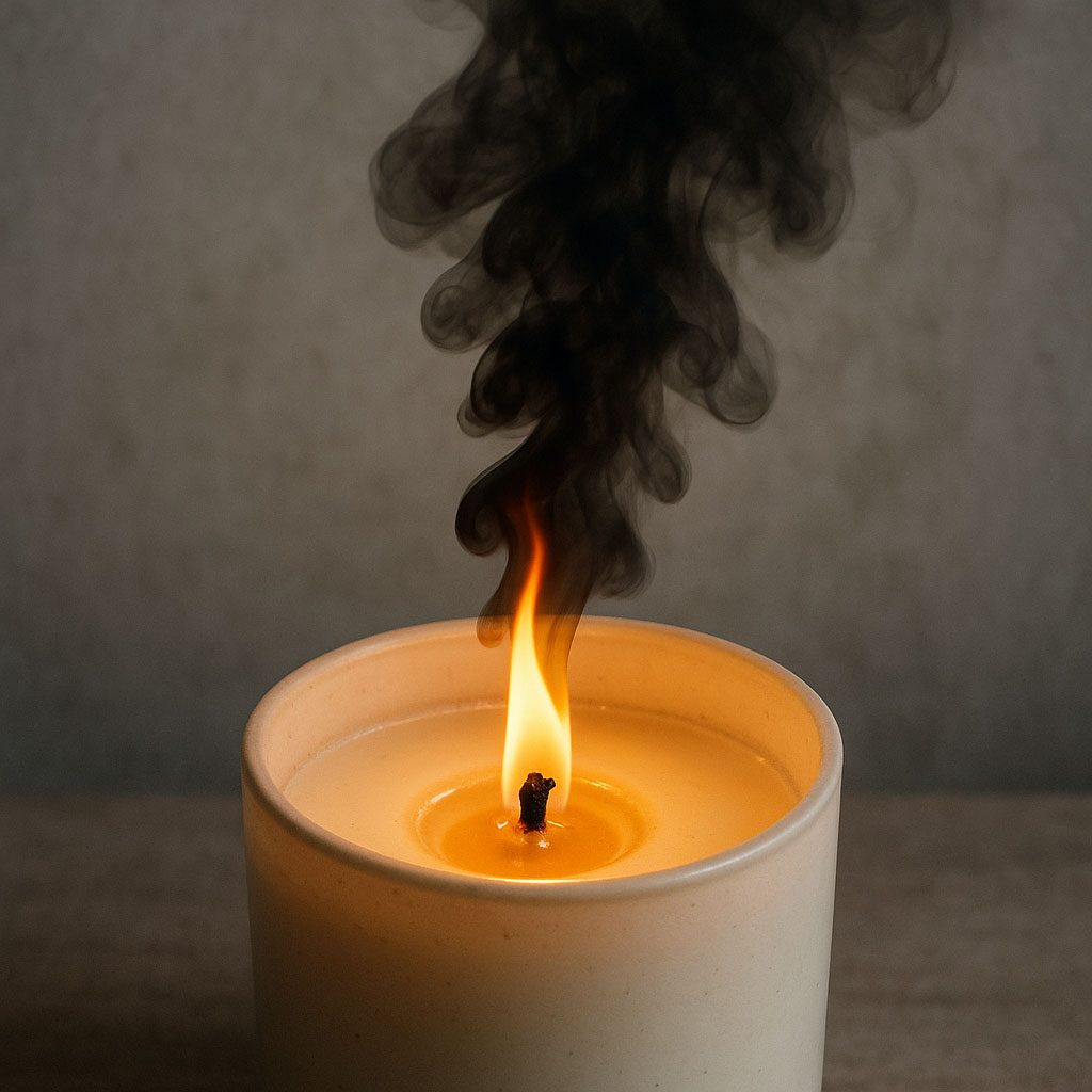 Black smoke from a scented candle in a living room