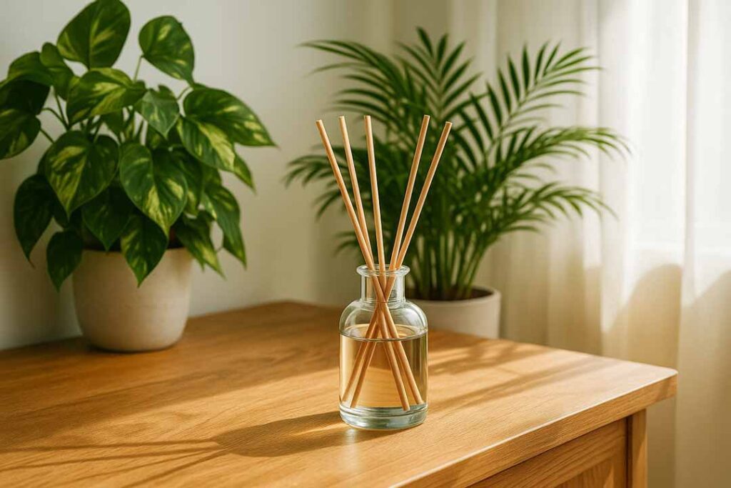 Reed diffuser on sunlit wooden console with lush houseplants, showcasing natural home fragrance benefits