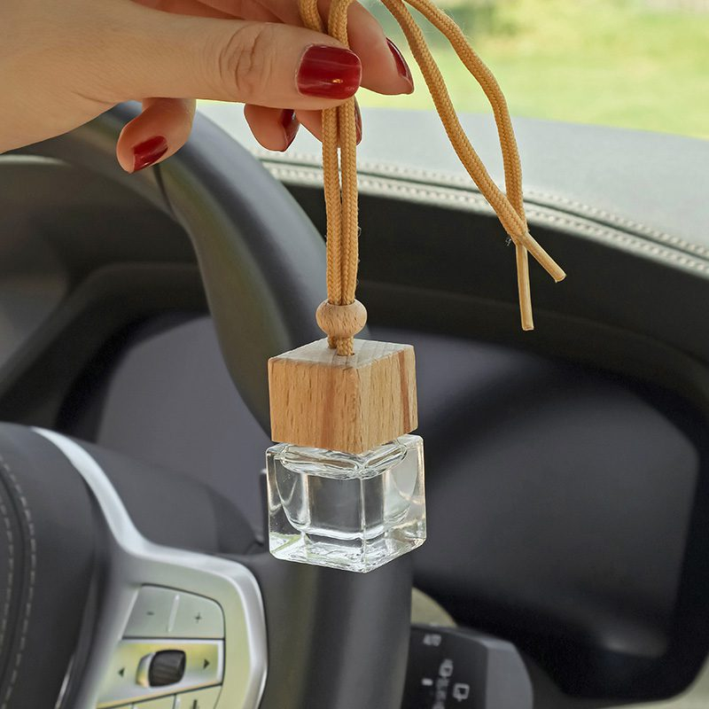 Hanging Car Diffuser – Glass Aroma Bottle with Wood Cap