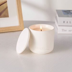 ceramic soy candle in matte white jar