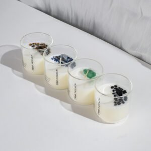 crystal healing candles with green fluorite, lapis, obsidian, tiger eye