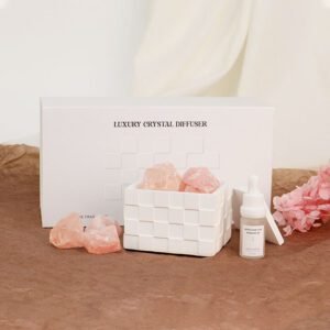 Crystal gypsum diffuser with pink rose quartz stones in geometric box