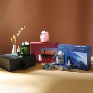 Full set of crystal diffusers in green, red, and blue jars