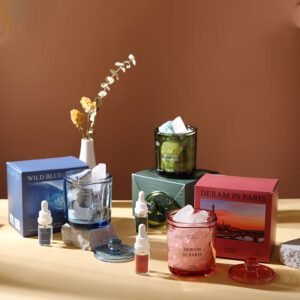 Three crystal aroma jars in themed colors with essential oils