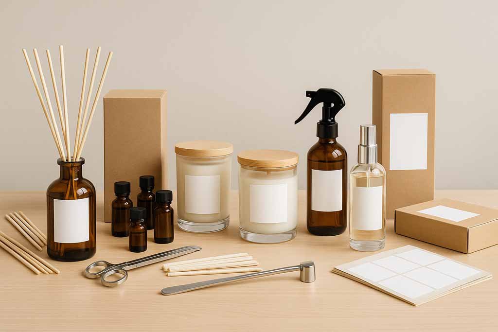Custom home fragrance factory table showing reed diffusers, scented candles, and room spray mockups for private label OEM projects