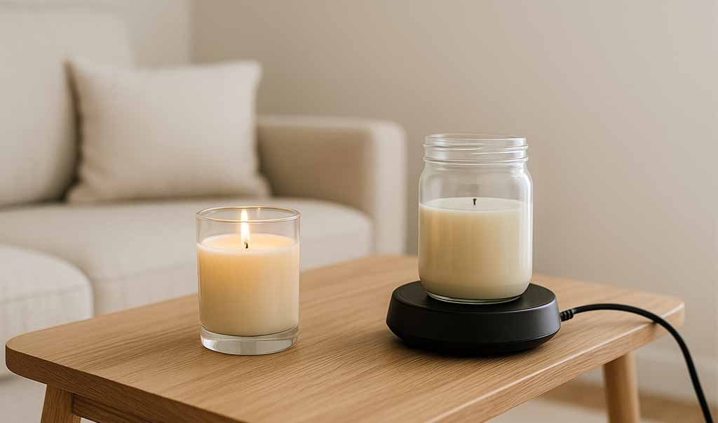 Close-up of a lit candle beside an electric candle warmer on a tray, illustrating “Candle Warmer vs Lighting” safety and scent differences