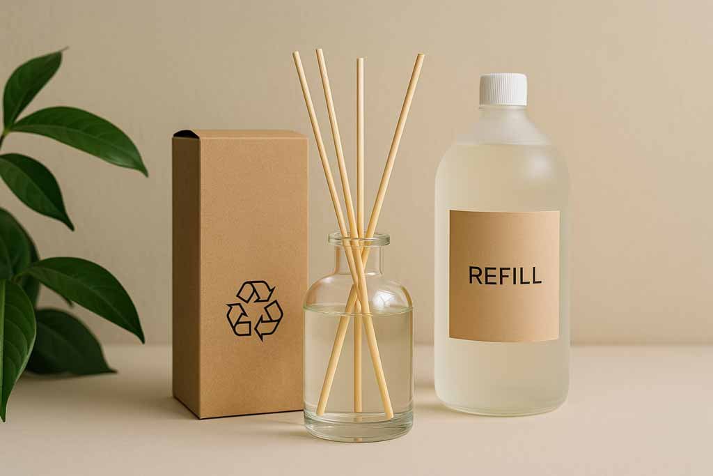Sustainable home fragrance setup with glass reed diffuser, kraft recyclable box, and large refill bottle on a neutral backdrop with green leaves
