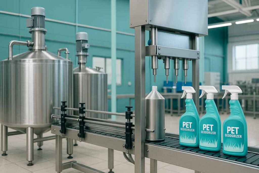 Automated factory line filling teal pet deodorizer bottles beside large stainless-steel mixing tanks