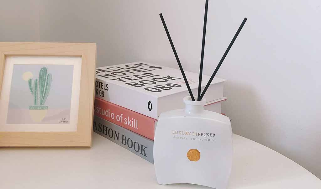 White reed diffuser with black reeds on a minimalist side table, next to a framed cactus print and stacked design books; modern home fragrance decor.
