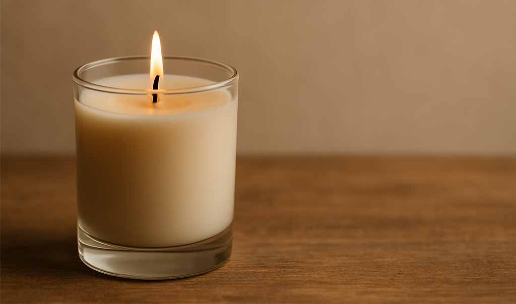 Lit soy candle with a full melt pool on a wooden table, illustrating fixes when a candle not smell while burning.