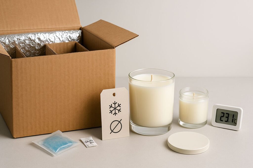Summer candle storage hero with insulated packaging and scented candles