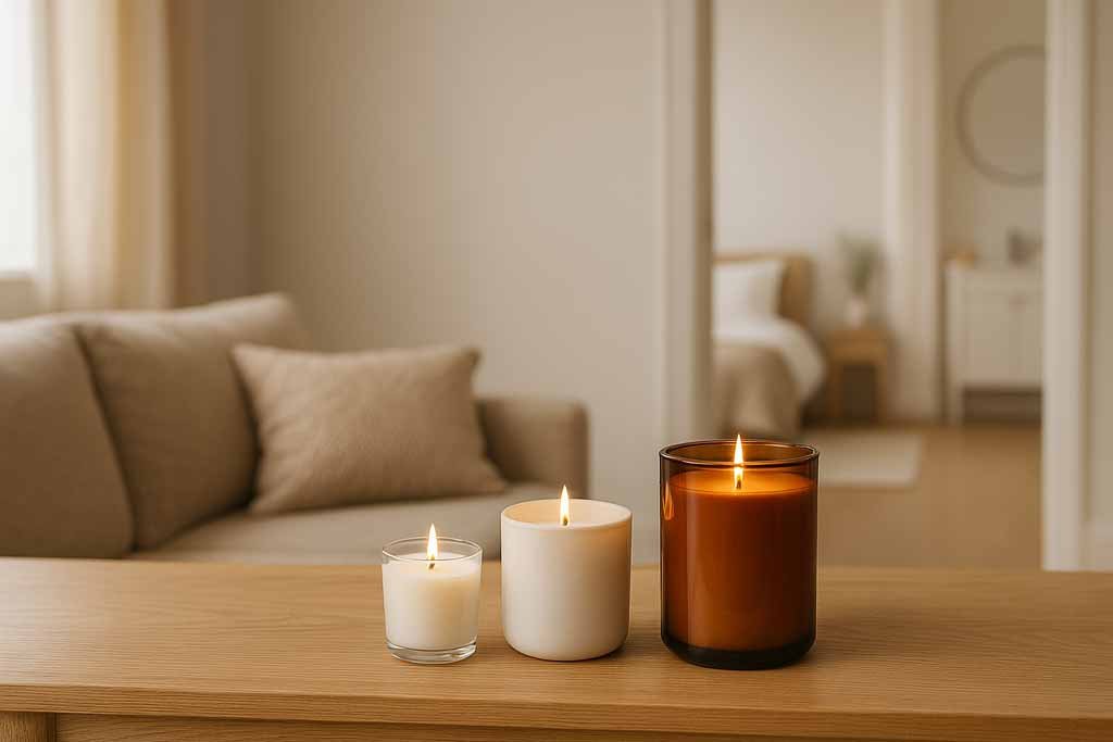 Perfect scented candle trio on a wooden console in a sunlit neutral living room, with sofa and bedroom softly blurred in the background