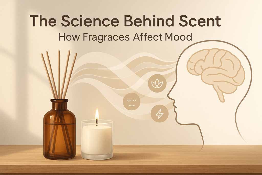 Amber reed diffuser and white tea candle arranged on a desk for focused work