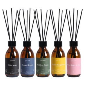 amber bottle reed diffuser lineup – five label colours and black reeds