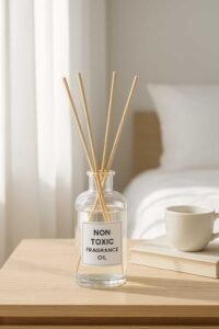 Non toxic reed diffuser in a minimalist bedroom setting with natural light, representing safe and clean home fragrance.