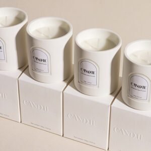 white ceramic scented candle and embossed gift box