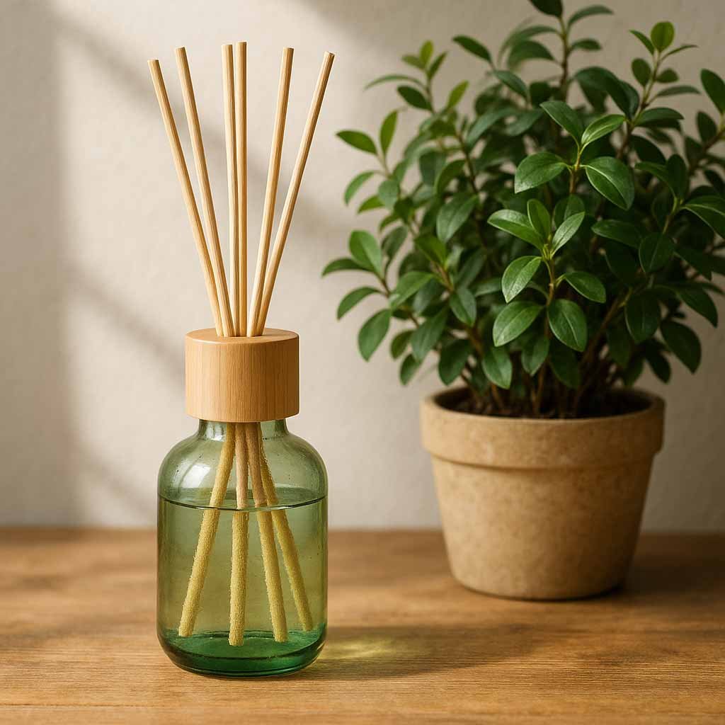 A bamboo-capped reed diffuser made from recycled glass, styled beside potted greenery on a wooden table.