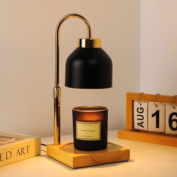 electric candle warmer lamp with black metal shade warming a jar candle