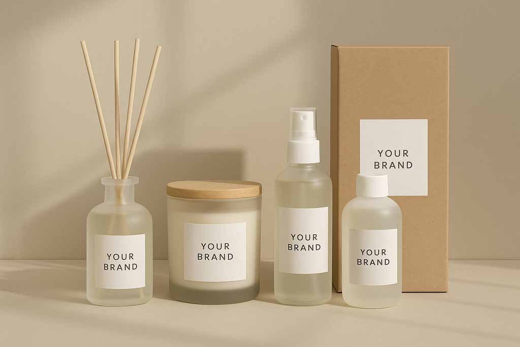 Private label home fragrance lineup — reed diffuser, candle, room spray, and refill bottle with kraft box on a neutral beige backdrop