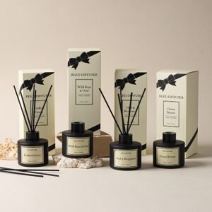 Black reed diffuser collection with retail gift boxes and matte black bottles lifestyle display
