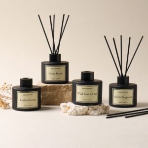 Black reed diffuser set in matte black bottles with multiple scent options on studio background
