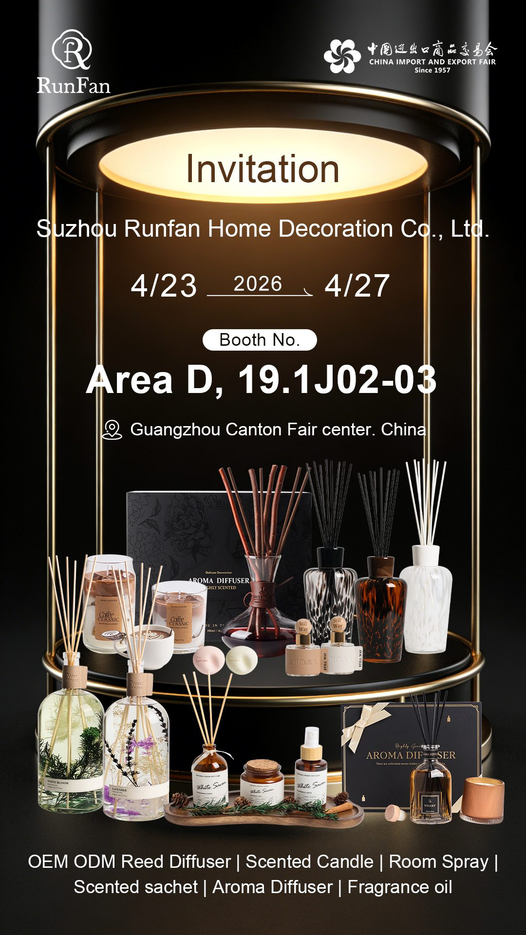 Runfan invitation for Canton Fair 2026 in Guangzhou with home fragrance products and booth 19.1J02-03