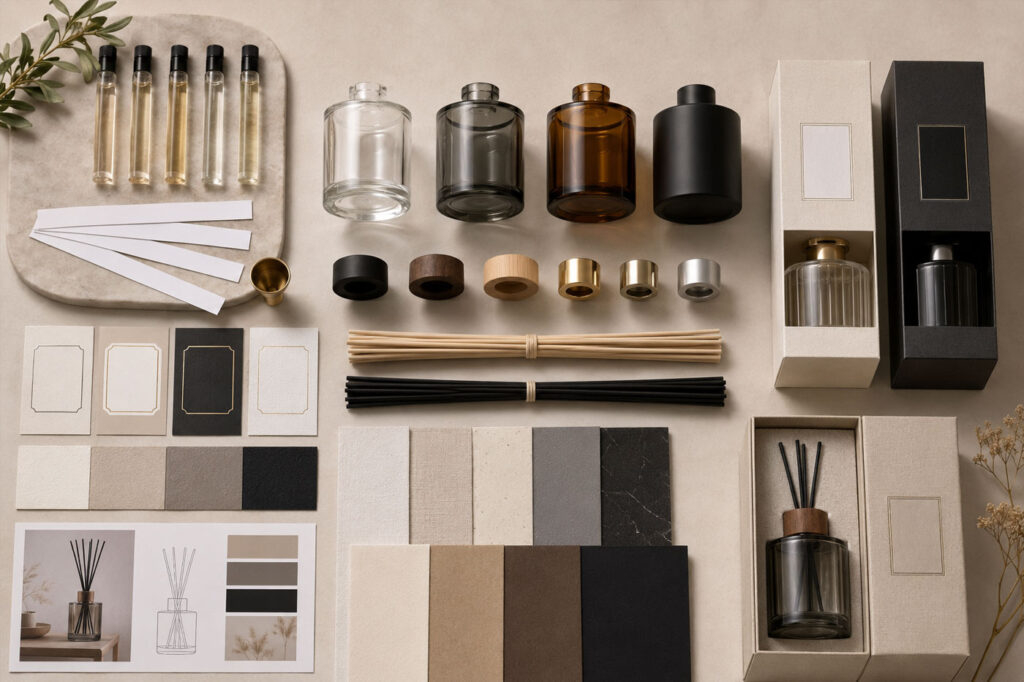 OEM and ODM reed diffuser customization process with bottles labels reeds and packaging