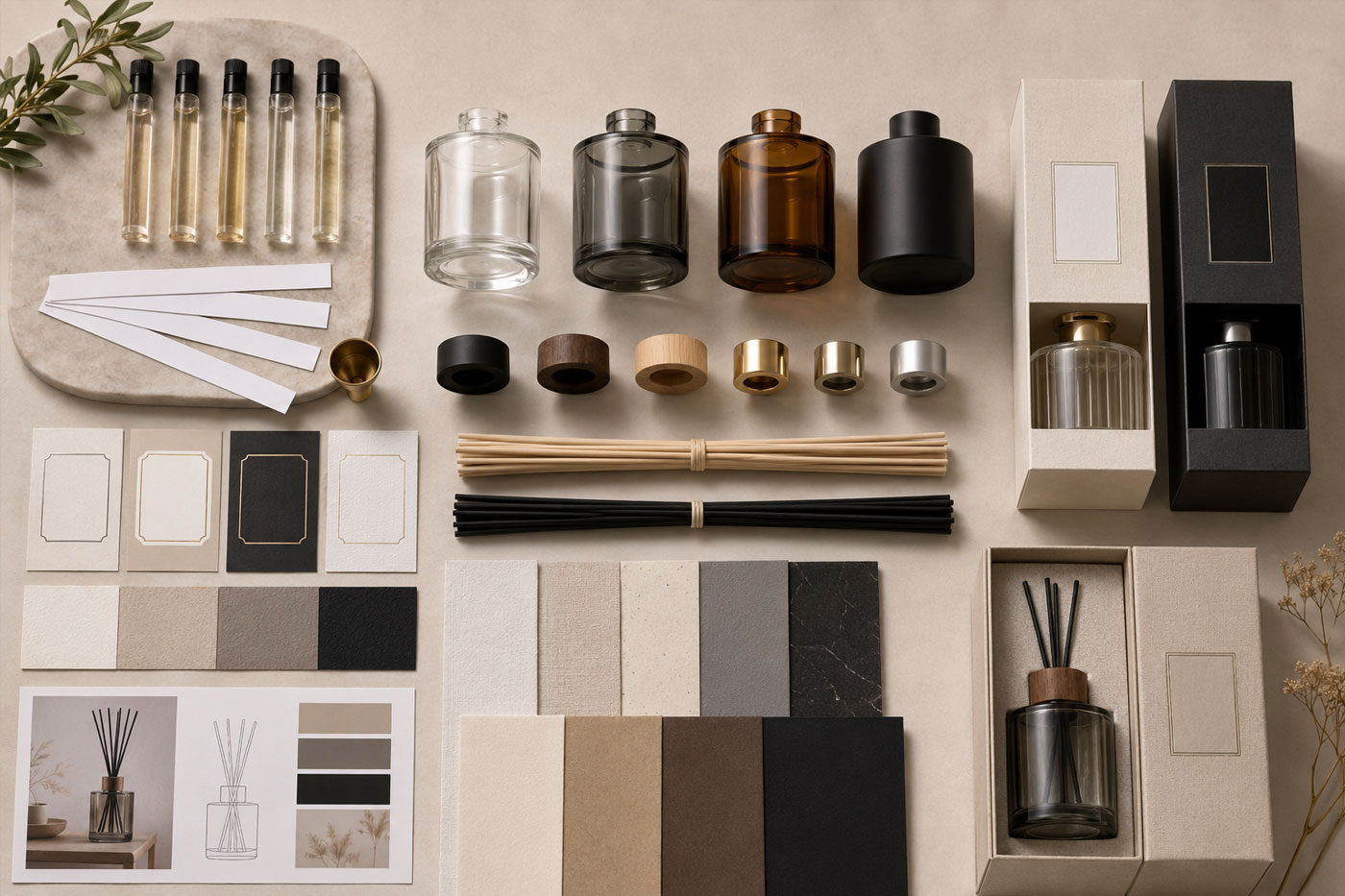 OEM and ODM reed diffuser customization process with bottles labels reeds and packaging