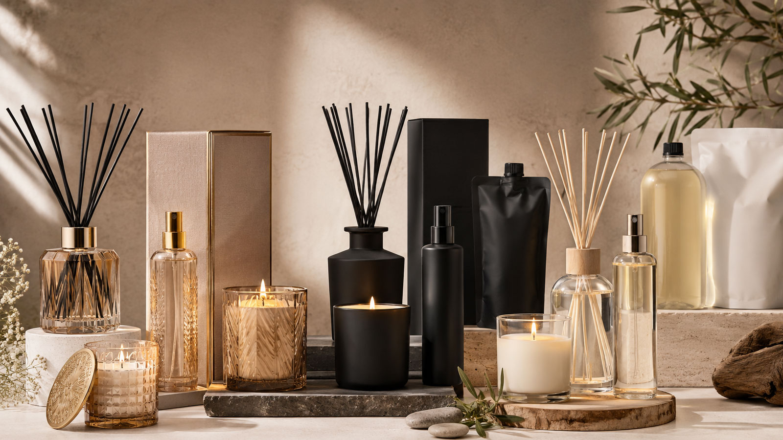 Reed diffuser trends 2026 private label collection with luxury black bottles and refills