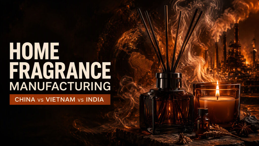 A cinematic cover image for an article comparing home fragrance manufacturing in China, Vietnam, and India. The design features a dark, moody background with glowing terracotta lighting and swirling fragrant smoke surrounding a premium dark glass reed diffuser and an amber candle on the right.