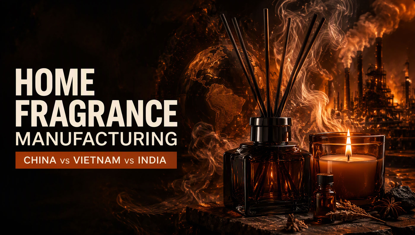 A cinematic cover image for an article comparing home fragrance manufacturing in China, Vietnam, and India. The design features a dark, moody background with glowing terracotta lighting and swirling fragrant smoke surrounding a premium dark glass reed diffuser and an amber candle on the right.