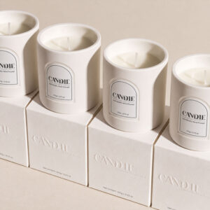 white ceramic scented candle and embossed gift box